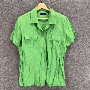 Karen Scott Shirt Women L Large Green Button Up Collared Short Sleeve Pockets
